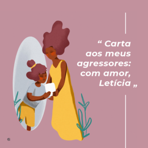 ilustração de fundo pastel, com uma mulher negra de vestido amarelo entregando uma carta a ela mesma do passado, criança, através de um portal