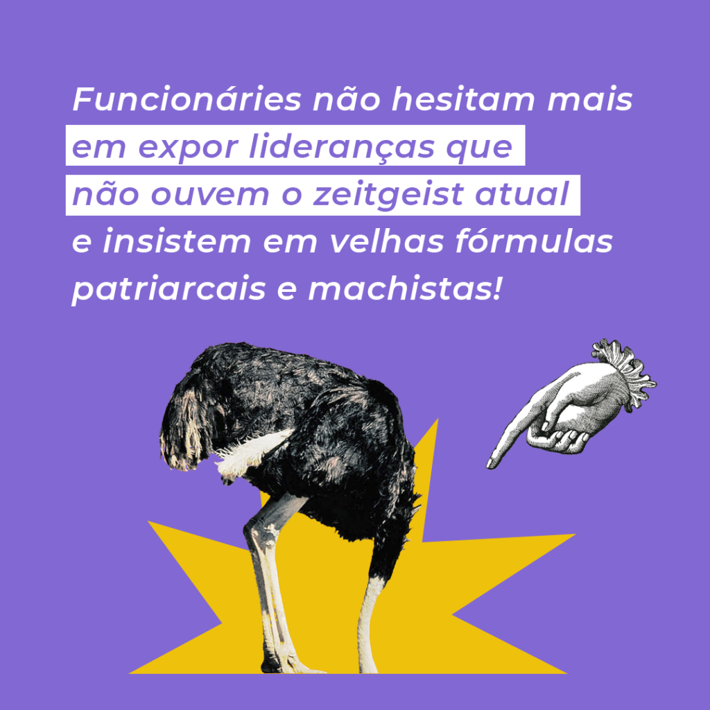 Imagem com fundo roxo, com um avestruz enterrando sua cara no chão e uma mão apontando àquilo, fazendo alusão à negação dos líderes conservadores