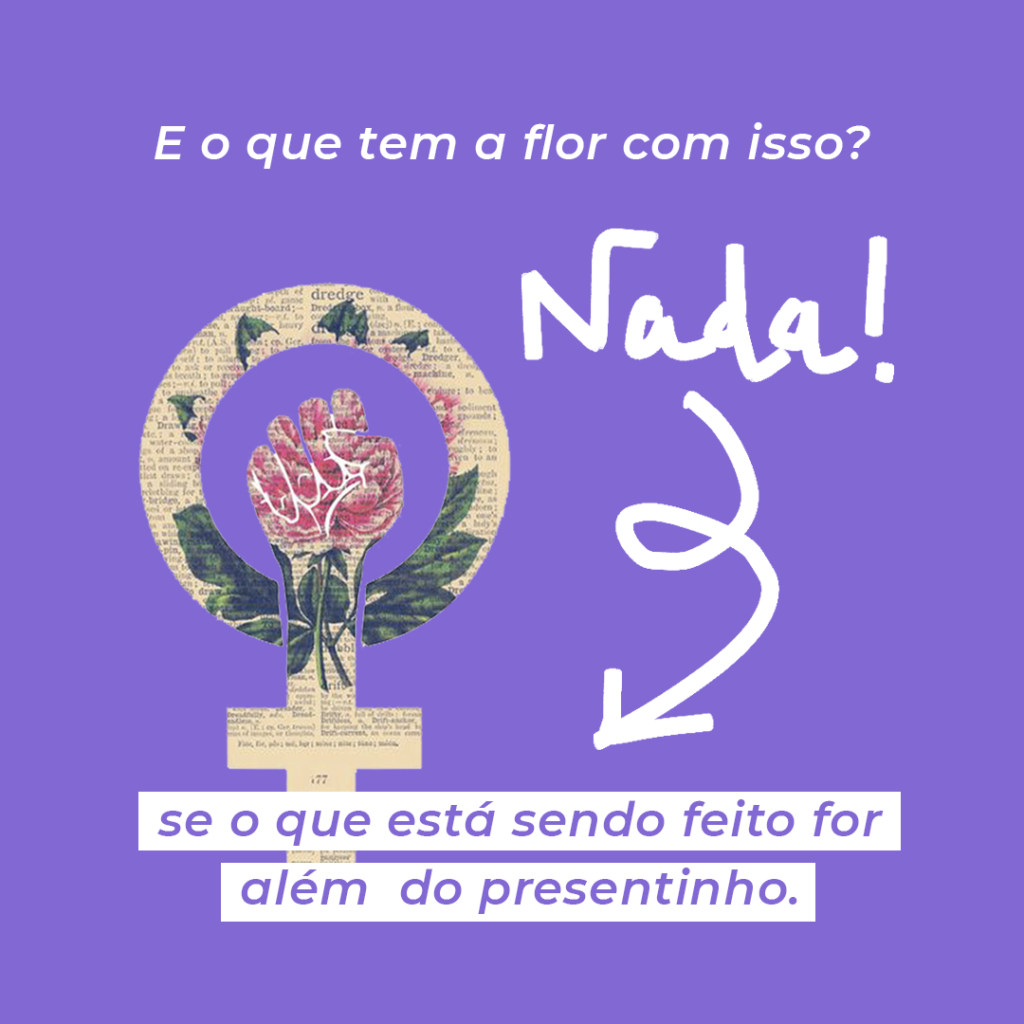 Imagem com fundo roxo e símbolo do feminismo florido